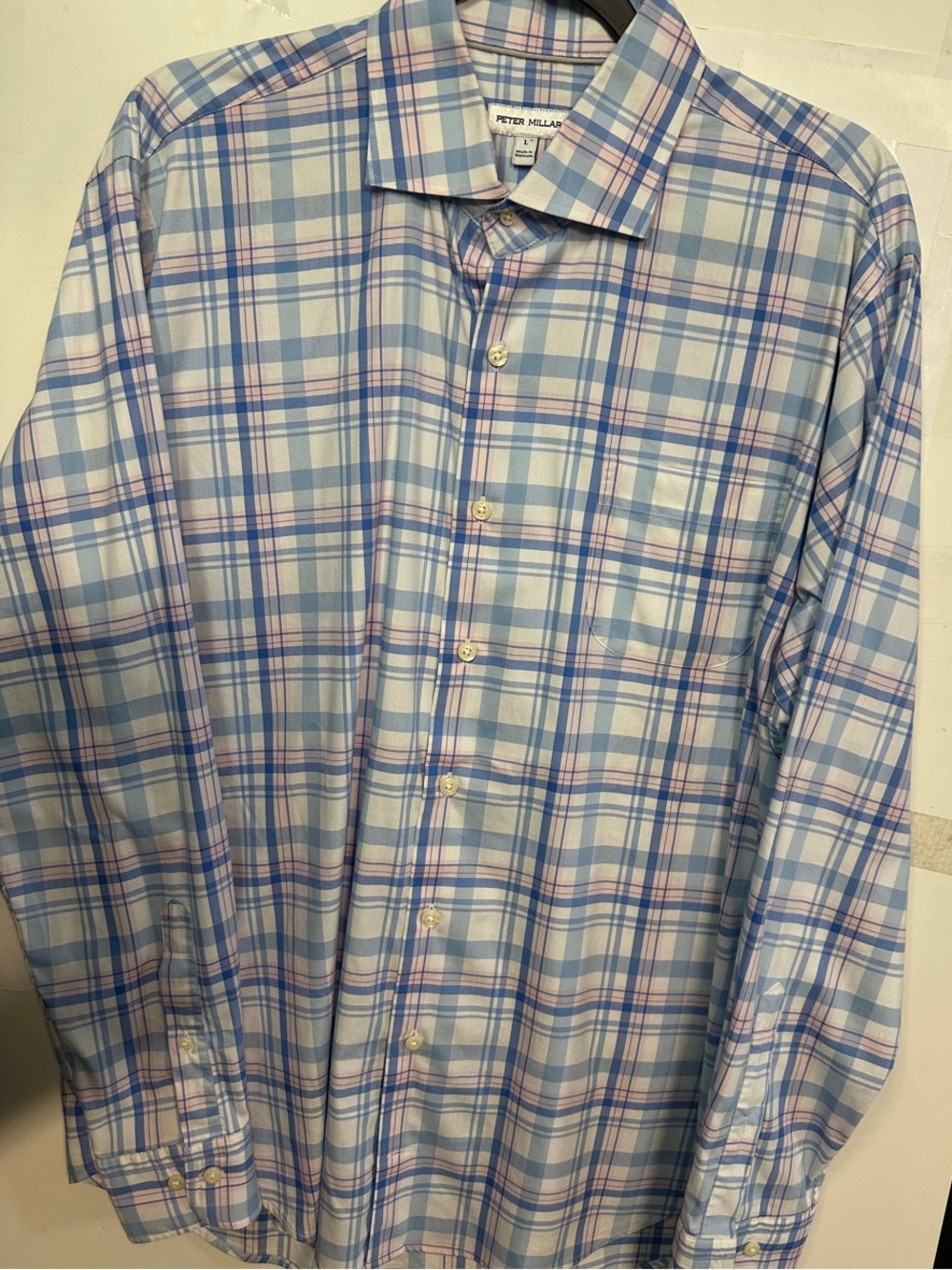 Peter Millar Blue and Pink Plaid Long-Sleeve Dress Shirt size large like new